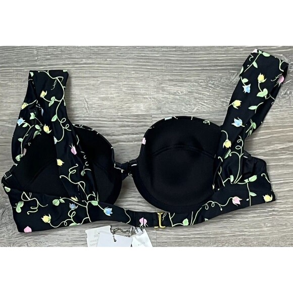 WeWoreWhat Bikini Top XL Underwire Wide Pleat Straps Black Rose Bud NWT Romantic - Picture 3 of 6